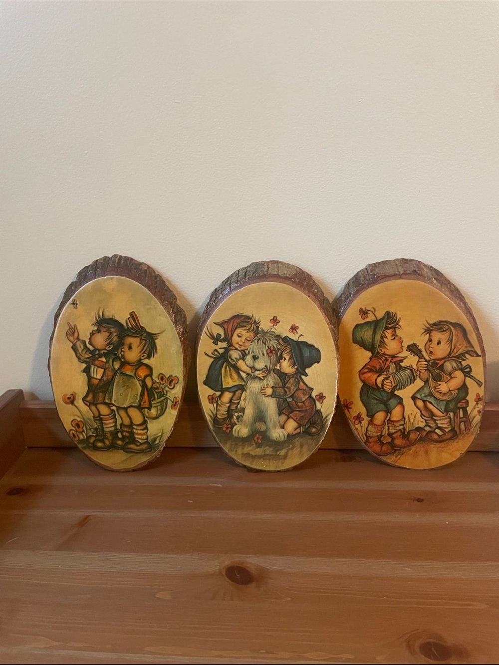 Vintage Trio Wood Plaques with Children Illustrations - Hummel style 9x5 in